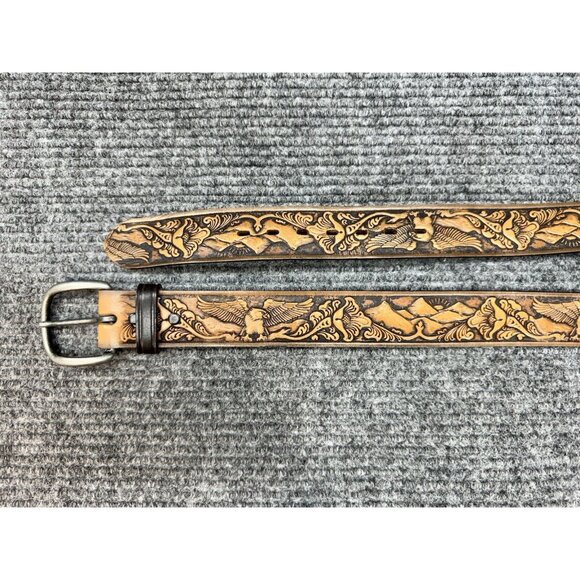 Unbranded Other - Vintage Tooled Stamped Leather Belt Sz 32 Brown Eagle Mountains Flower USA Made